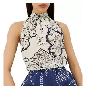 Marella Natalia Silk Floral Halter Neck Top - White and Blue US 10